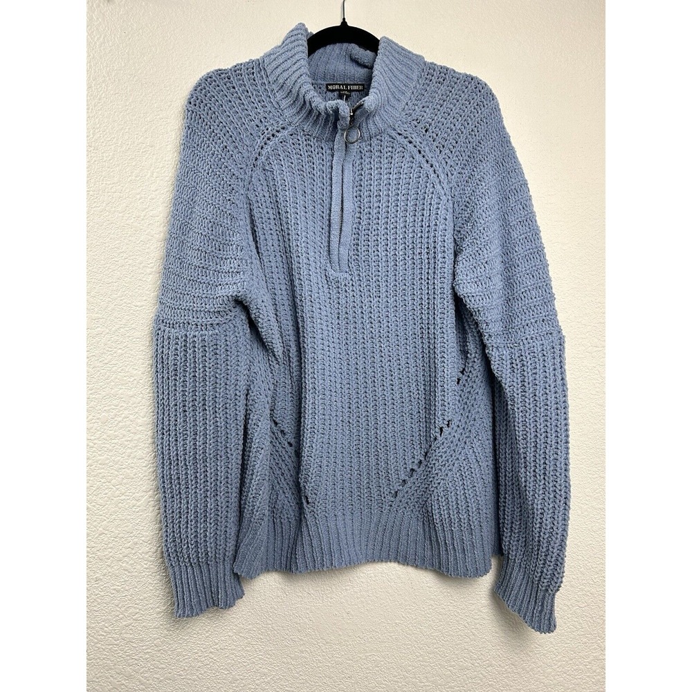 Moral Fiber‎ Sweater Womens 2X Cozy 1/3 Zip Blue Preppy Open Knit Soft Ribbed